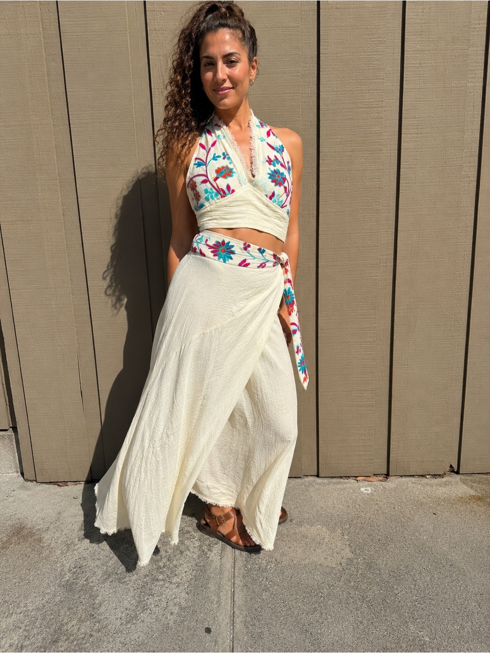 Hand Made Cream Floral-Trim Wrap Maxi Skirt